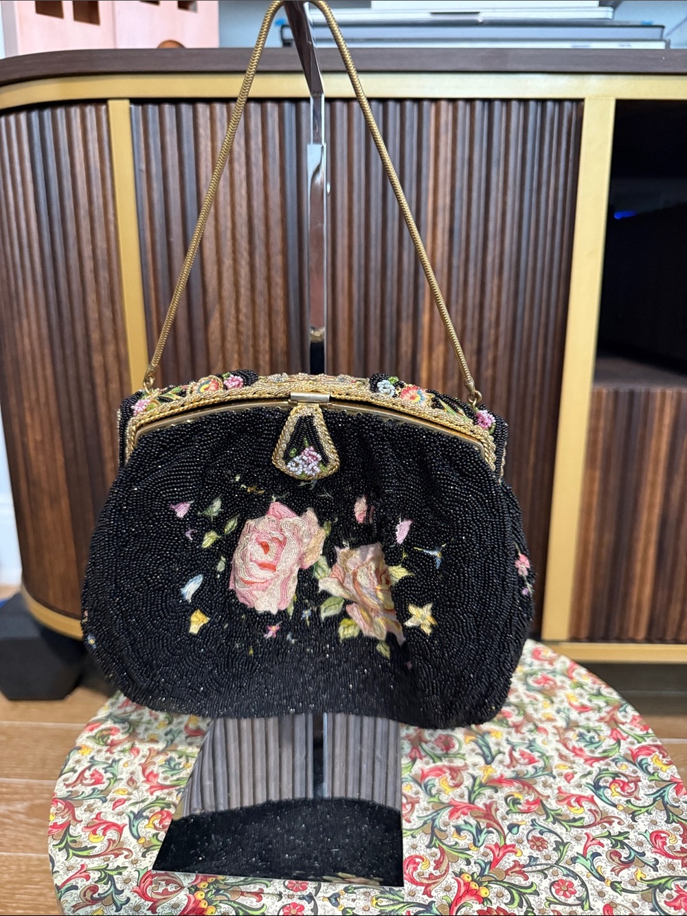 Vintage Black Beaded Evening Clutch with Pink Rose Embroidery